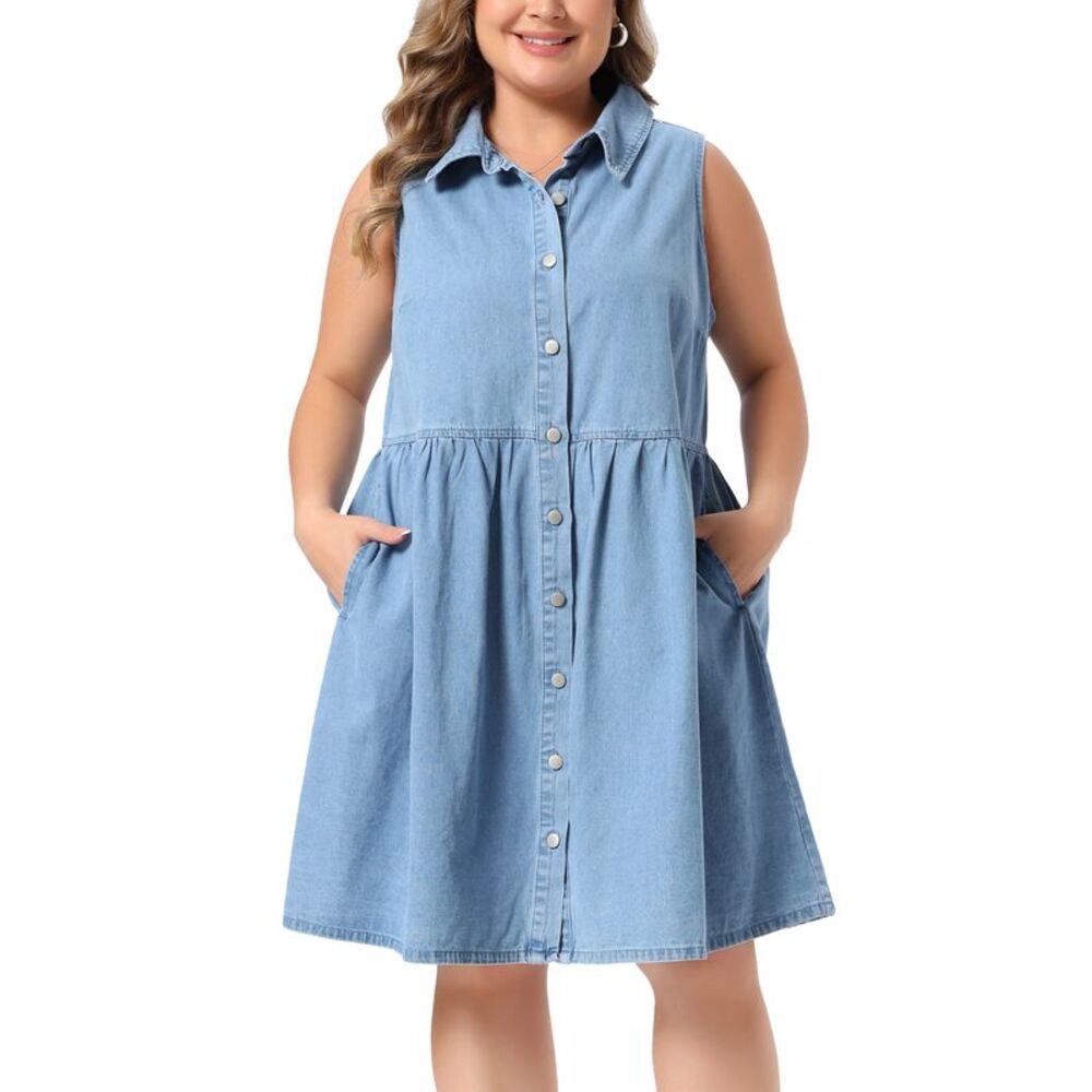 Women Plus Size Sleeveless Button Down Babydoll Denim Dress Light Blue